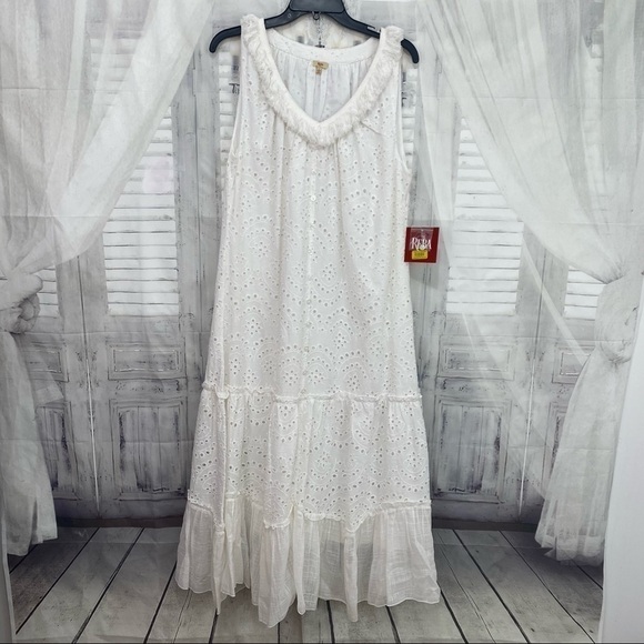 Reba Large Embroidered Dress Pullover Fringe Eyelet Solid White Sleeveless Midi - Picture 9 of 14